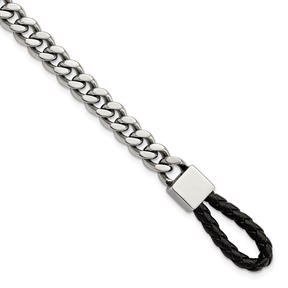 Kazi Luxury Steel Polished Curb Chain Black Braided Leather Hook 8.25in Bracelet